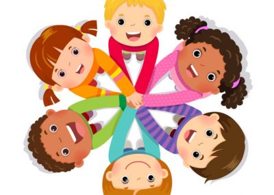 Group of children putting hands together on white background